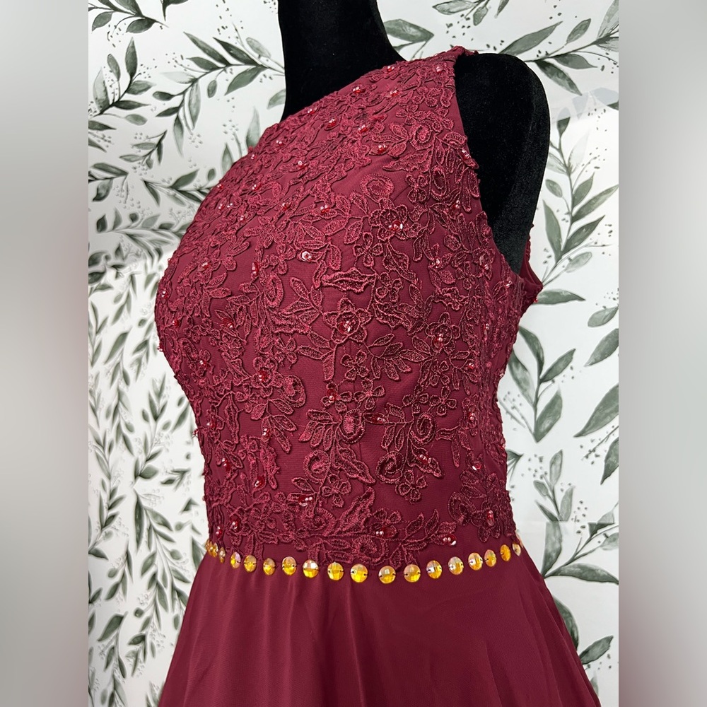Burgundy Lace Bodice Evening Gown Flowing Chiffon Skirt Prom Cocktail Sz M NWT D - Picture 7 of 13